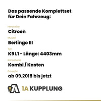 Citroen Berlingo III Kombi / Kasten ab 09.2018 K9 L1 - Länge: 4403mm BRiNK Anhängerkupplung mit JAEGER Elektrosatz